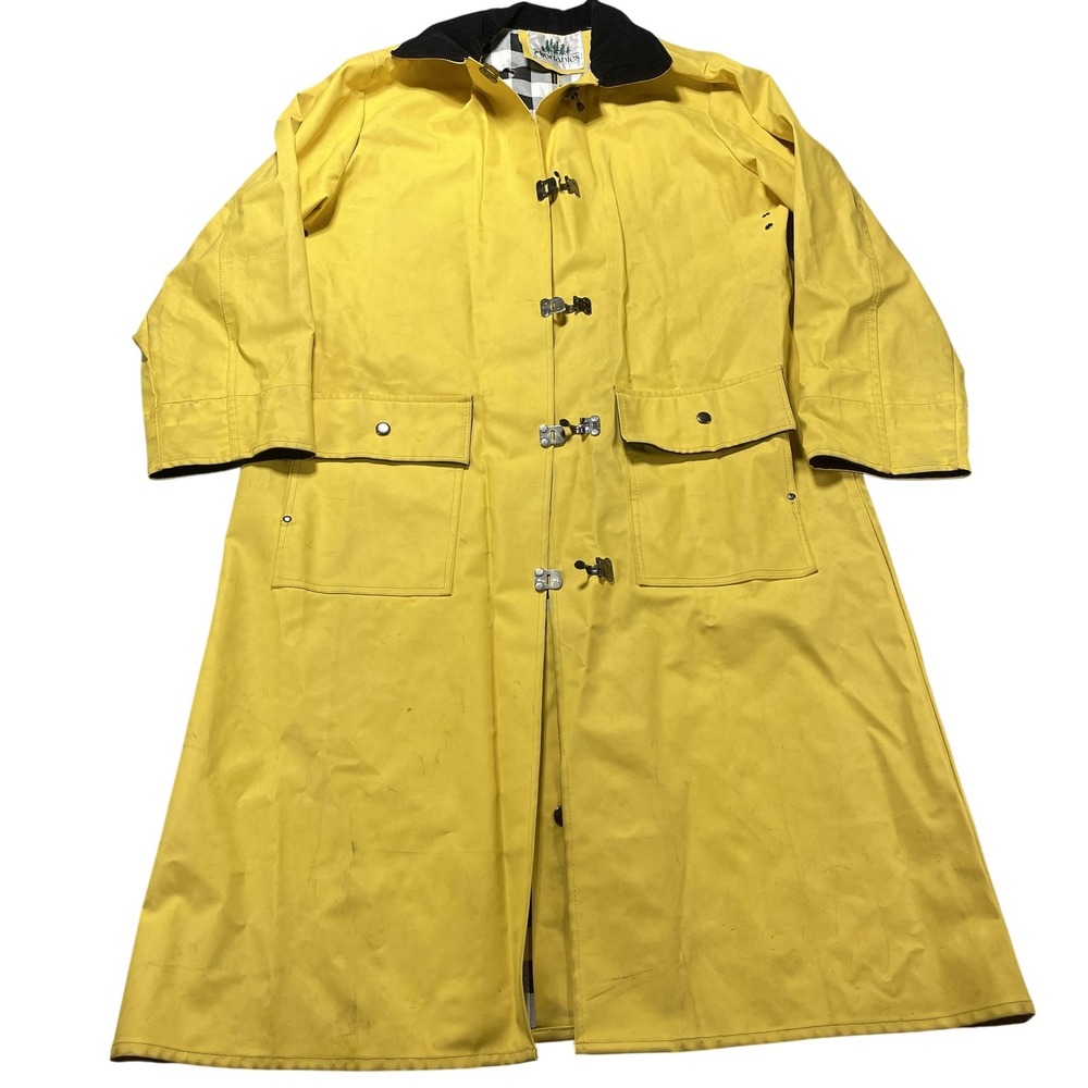 VTG Sportables Coat Mens M Yellow PVC Vinyl Rain Long Hook Lined Outdoor Trench